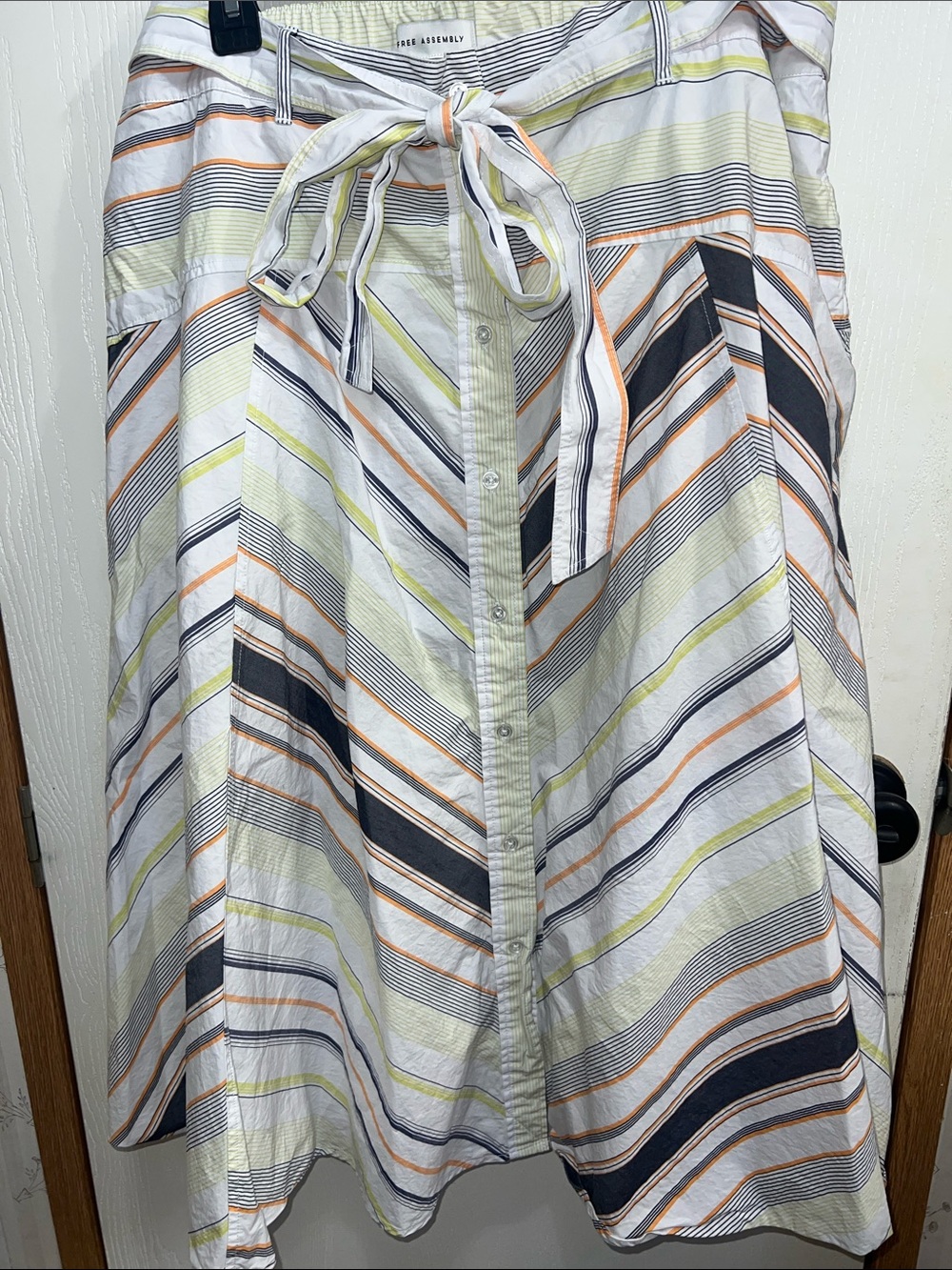 Striped Tie-Waist Circle Skirt in White with Navy & Orange Stripes